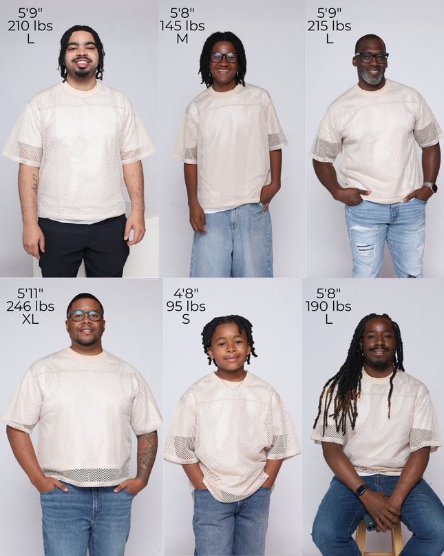 Six models wearing off-white short-sleeve mesh jerseys, shown in size and weight labels from XS to XL against a light gray background.