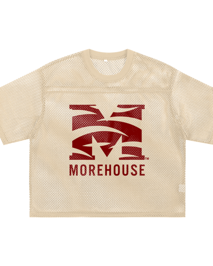 Cream mesh sports jersey with maroon Morehouse logo 