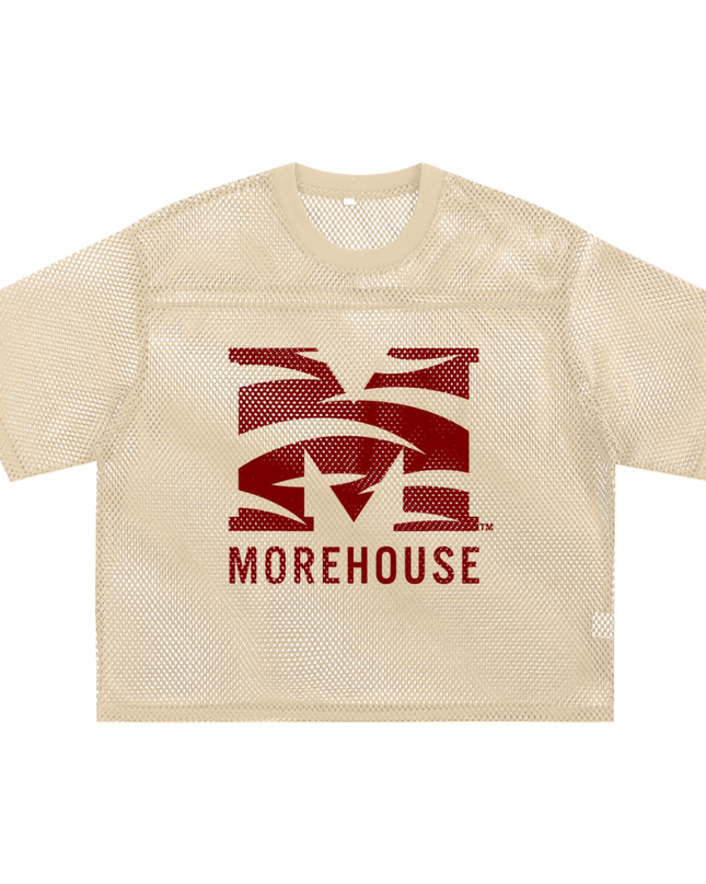 Cream mesh sports jersey with maroon Morehouse logo 