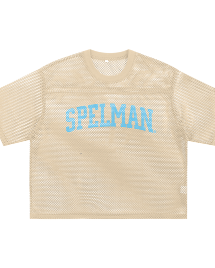 Beige mesh crop top with 'SPELMAN' text in baby blue 