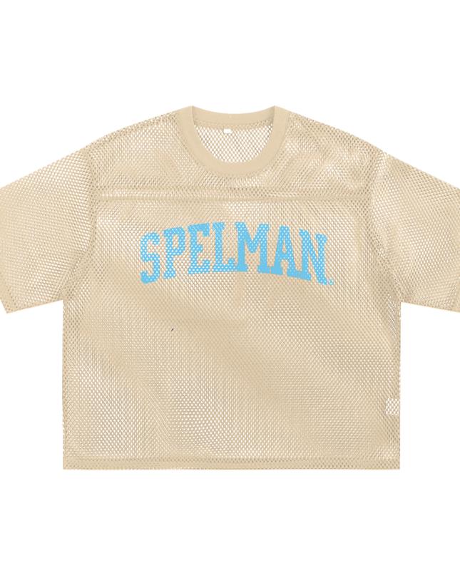 Beige mesh crop top with 'SPELMAN' text in baby blue 