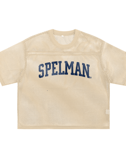 Beige mesh crop top with 'SPELMAN' text in navyl blue 