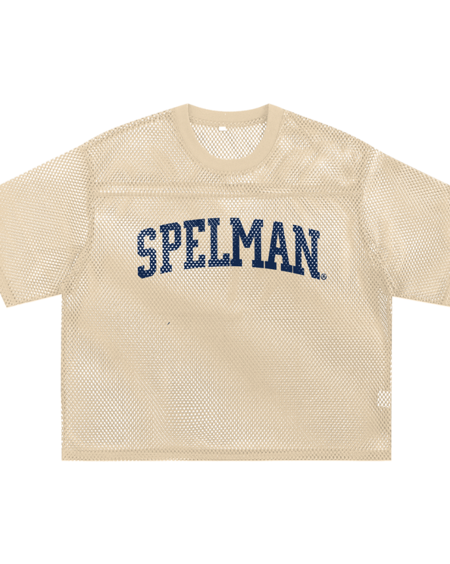 Beige mesh crop top with 'SPELMAN' text in navyl blue 