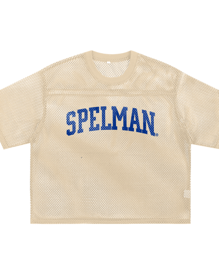 Beige mesh crop top with 'SPELMAN' text in royal blue 