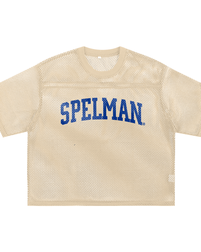 Beige mesh crop top with 'SPELMAN' text in royal blue 