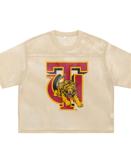 Cream mesh jersey with a Tuskegee University logo