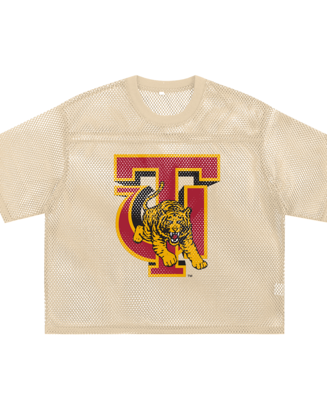 Cream mesh jersey with a Tuskegee University logo