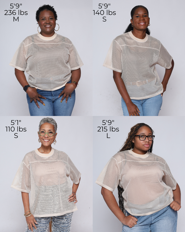 Four women models wearing a short-sleeve mesh jersey in sizes S-L, shown with height and weight text labels.